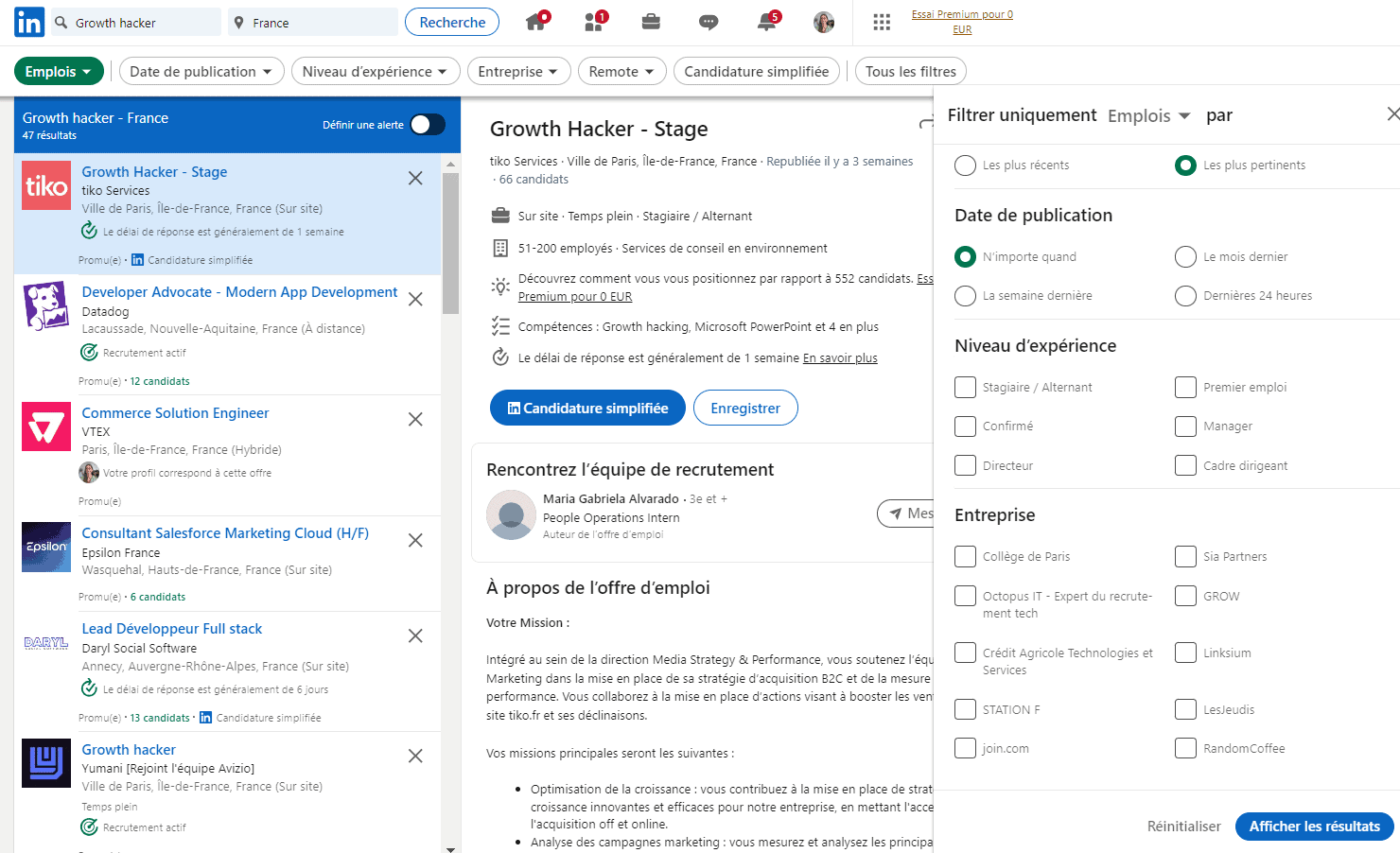 LinkedIn filters