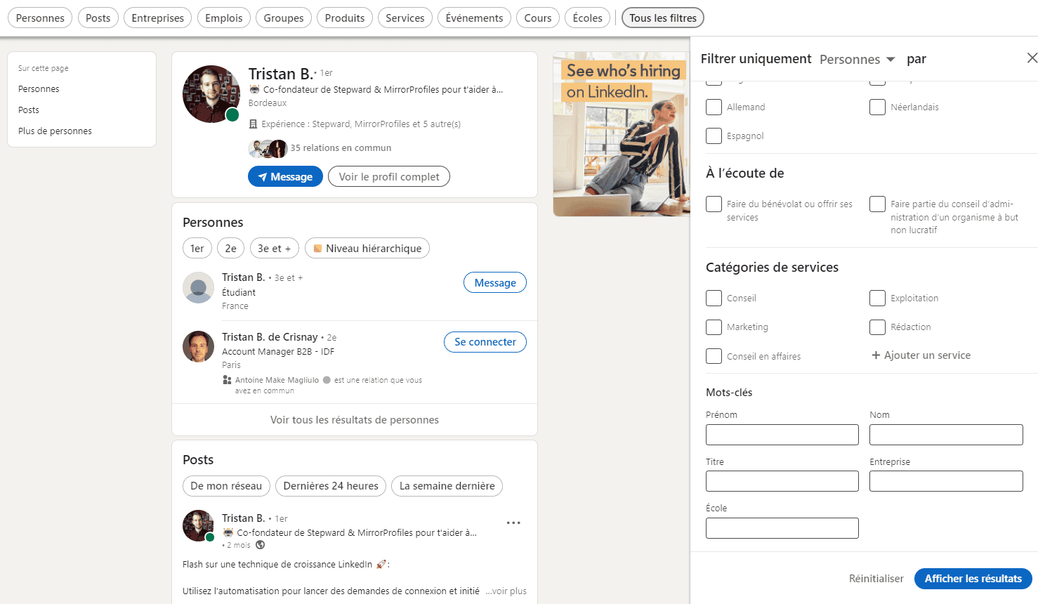 LinkedIn filters