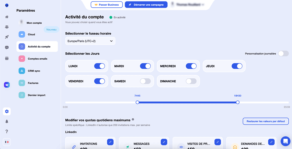 Waalaxy settings tab