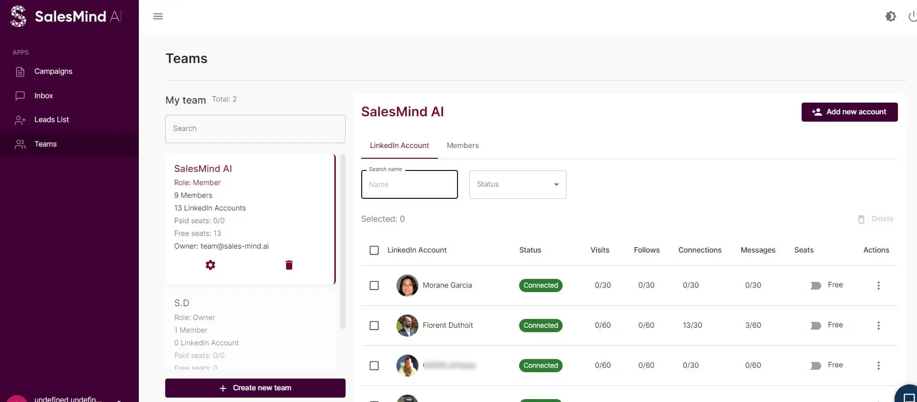 Teams tab in SalesMind AI