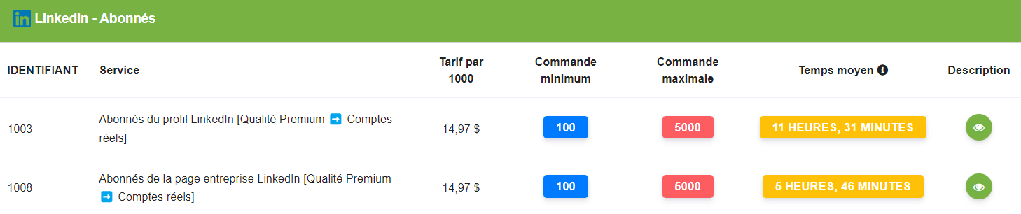 A screenshot of a website with various options for buying LinkedIn followers.