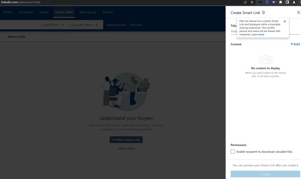 A screenshot of the LinkedIn Smart Links page.