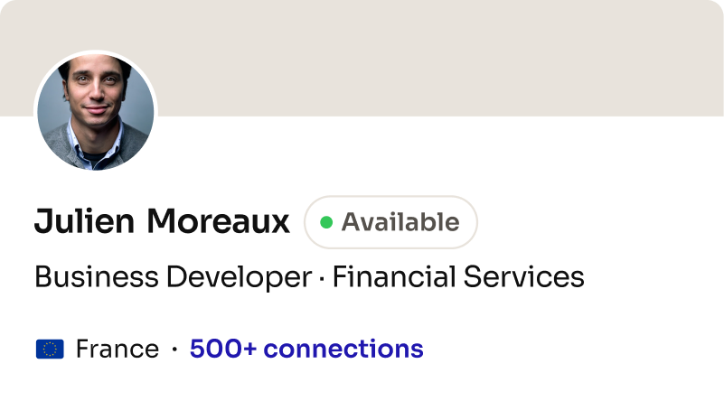 Profile card: Business Developer, Financial Services (Europe)