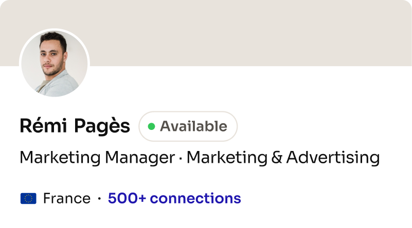 Profile card: Marketing Manager, Marketing & Advertising (Europe)