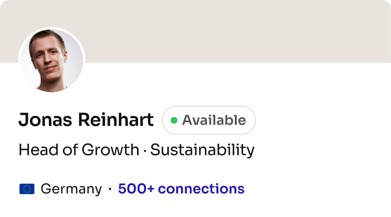 Profile card: Head of Growth, Sustainability (Europe)
