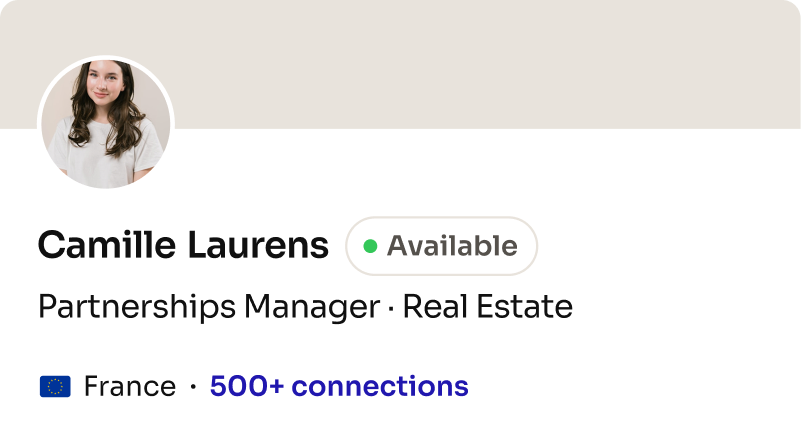 Profile card: Partnerships Manager, Real Estate (Europe)