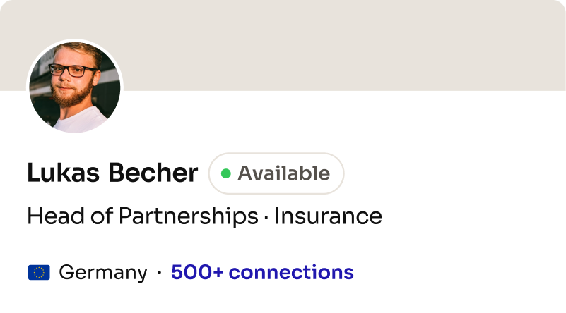 Profile card: Head of Partnerships, Insurance (Europe)
