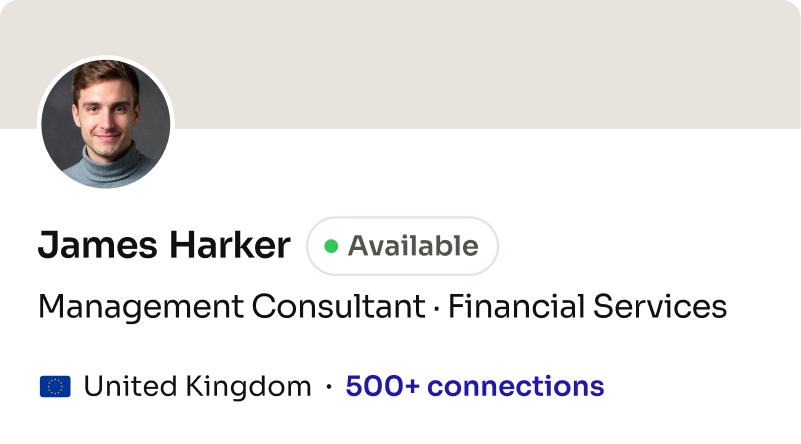 Profile card: Management Consultant, Financial Services (Europe)