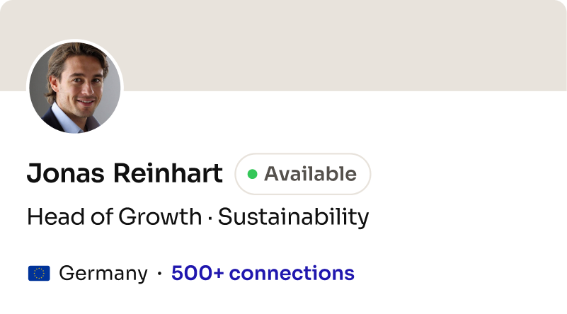 Profile card: Head of Growth, Sustainability (Europe)