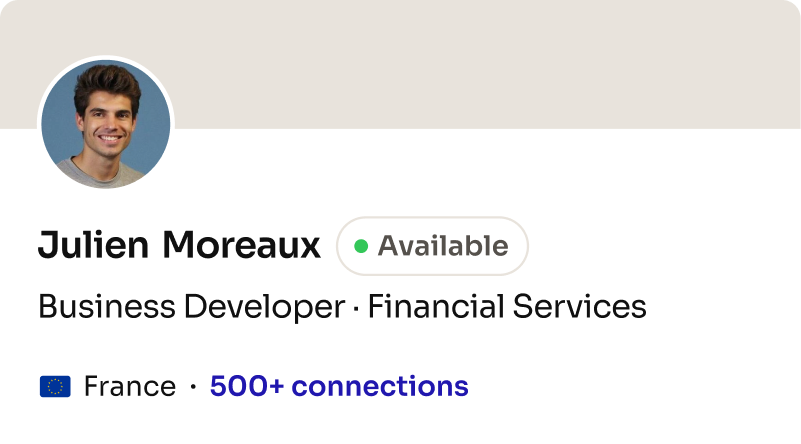 Profile card: Business Developer, Financial Services (Europe)