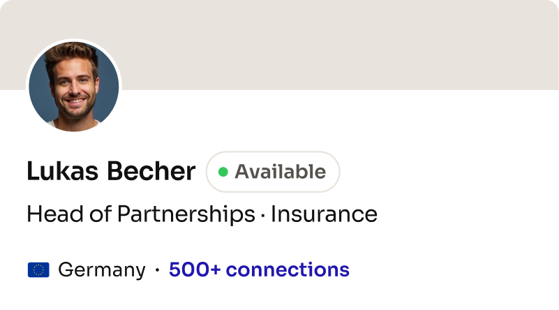 Profile card: Head of Partnerships, Insurance (Europe)
