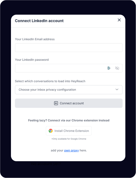 HeyReach setup, step 2: Connect the account